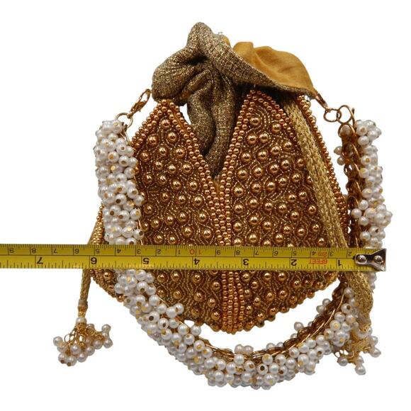 Ramla Handcrafted Lotus Pearl Beaded Embellished Potli Bag Gold - Picture 7 of 9